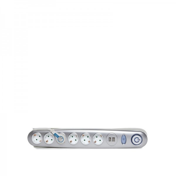Plug 6 x Soquete + Interruptor Luminoso + 2 x USB Carregador 2100 mA 5 V - IP20 - Branco Prata - GH-KP120920015 - 8435402576181