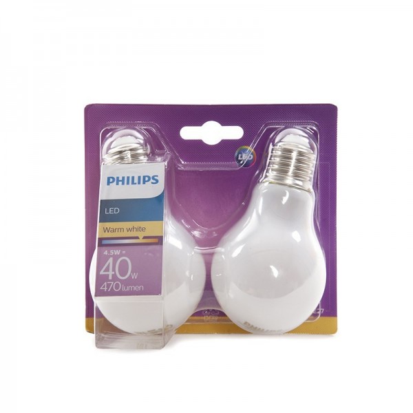 Lâmpada LED Philips E27 A60 4,5W 470Lm Branco Branco Quente 2 Unidades Branco Quente - PH-8718696422328-WW - 8435402588788